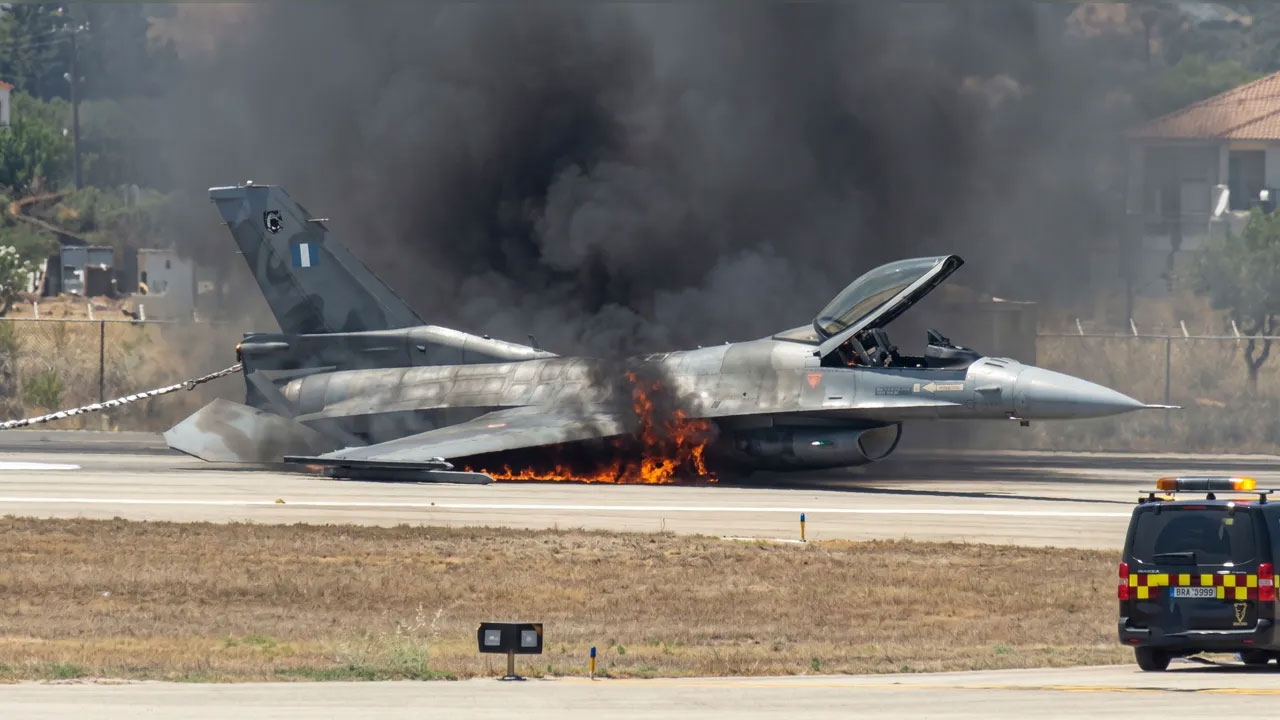Yunan F-16'sında yangın! Alevlere teslim oldu